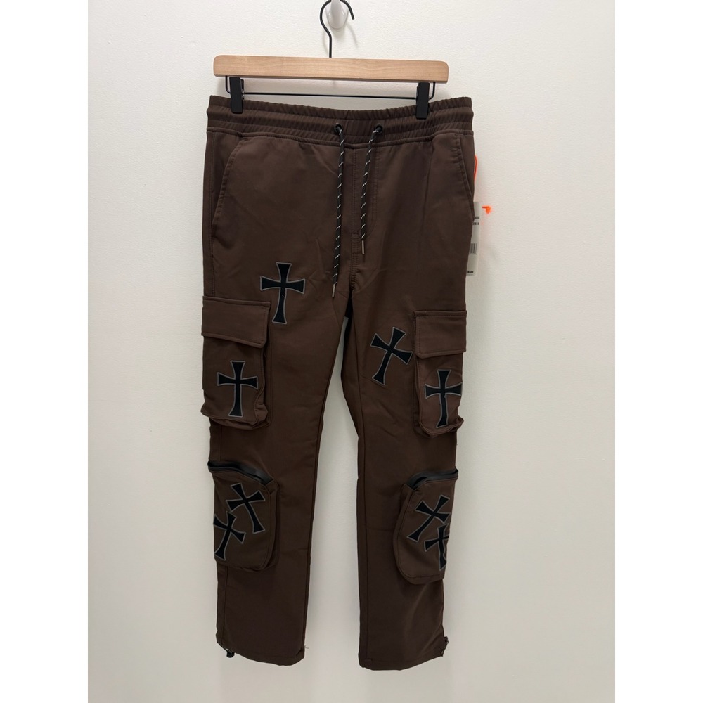 RGSTR Tech Pants Espresso Brown Cross Applique Cargo Streetwear Mens M New